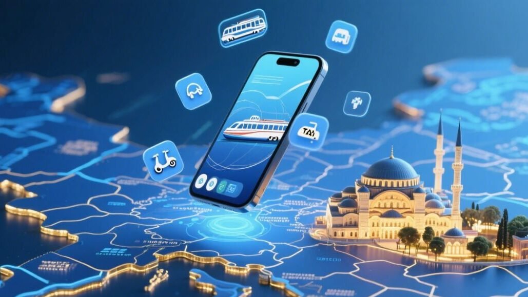 النقل والمواصلات في إسطنبول: كيفية التنقل بسهولة باستخدام المترو والحافلات 3 A futuristic illustration of a smartphone hovering over a digital map of Istanbul with app icons f edited