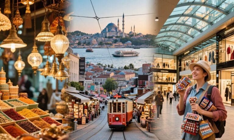 A wide artistic collage style scene of Istanbul combining various shopping experiences a vibrant . 1 e1745594270214