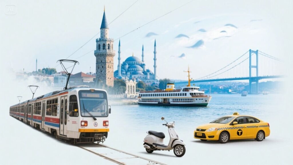 Surreal collage of Istanbuls transport modes tram ferry metro taxi scooter blending seamless