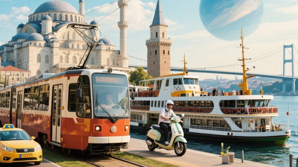 النقل والمواصلات في إسطنبول: كيفية التنقل بسهولة باستخدام المترو والحافلات 2 Surreal collage of Istanbuls transport modes tram ferry metro taxi scooter blending seamless. 2 edited
